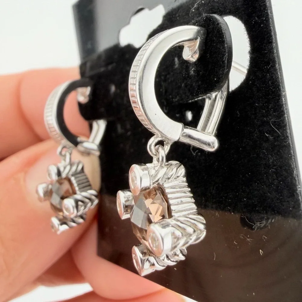 Judith Ripka Womens OS Silver Smoky Quartz CZ Drop Earrings Ribbed Texture